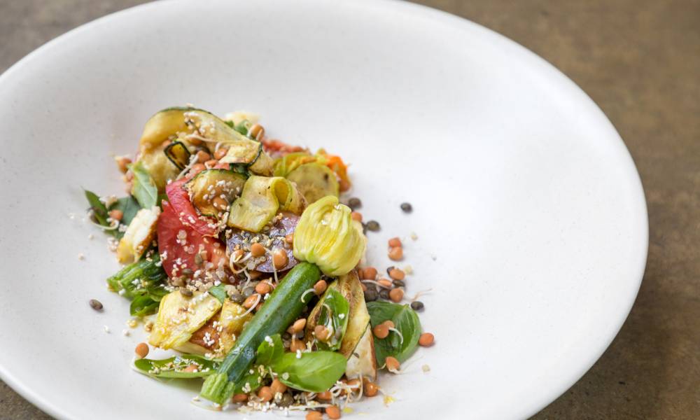 Article image for dirt(y) royal baby blue lentils, zucchini, haloumi, tomato and healthy grain salad